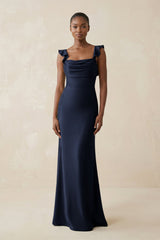 Ruffled Sleeve Sheath Satin Bridesmaid Dress in Dark Navy - KISS BRIDAL Bridesmaid Dresses