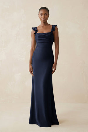 Ruffled Sleeve Sheath Satin Bridesmaid Dress in Dark Navy - KISS BRIDAL Bridesmaid Dresses