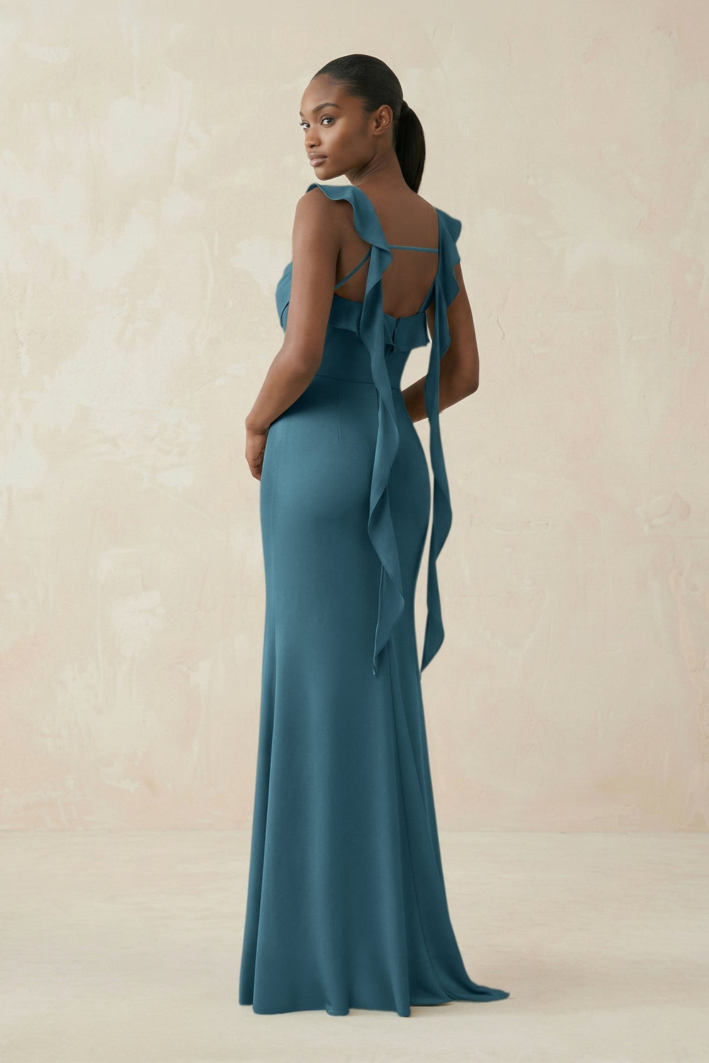 Ruffled Sleeve Sheath Satin Bridesmaid Dress in Dark Teal - KISS BRIDAL Bridesmaid Dresses
