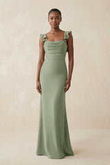 Ruffled Sleeve Sheath Satin Bridesmaid Dress in Dove Gray - KISS BRIDAL Bridesmaid Dresses
