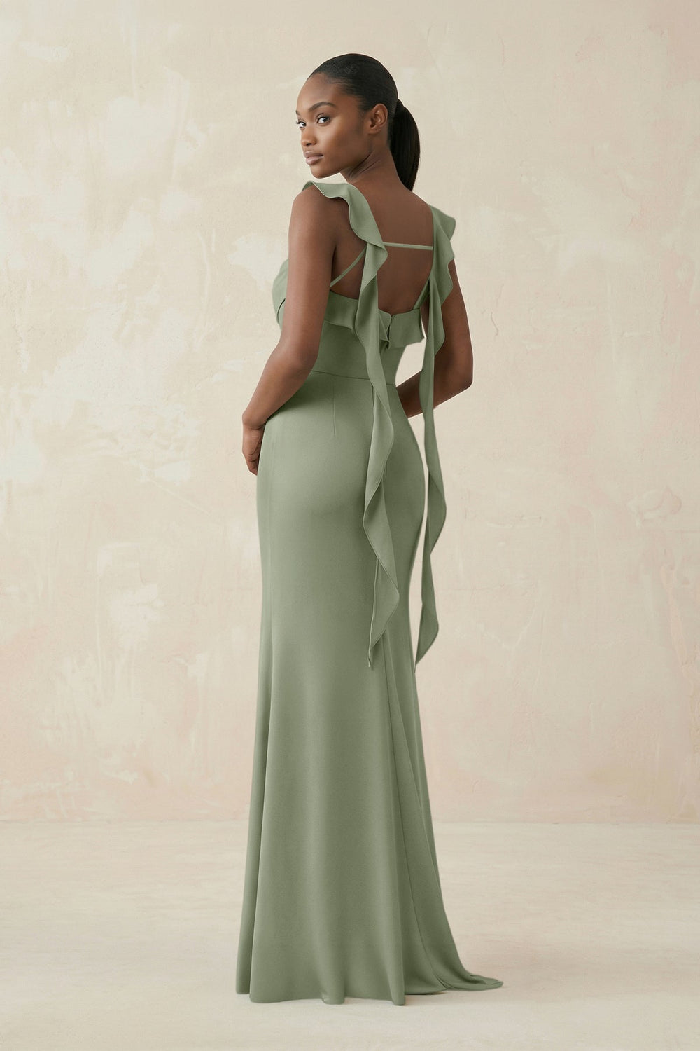 Ruffled Sleeve Sheath Satin Bridesmaid Dress in Dove Gray - KISS BRIDAL Bridesmaid Dresses
