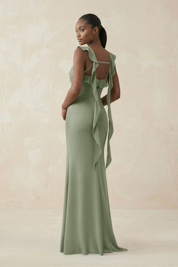 Ruffled Sleeve Sheath Satin Bridesmaid Dress in Dove Gray - KISS BRIDAL Bridesmaid Dresses