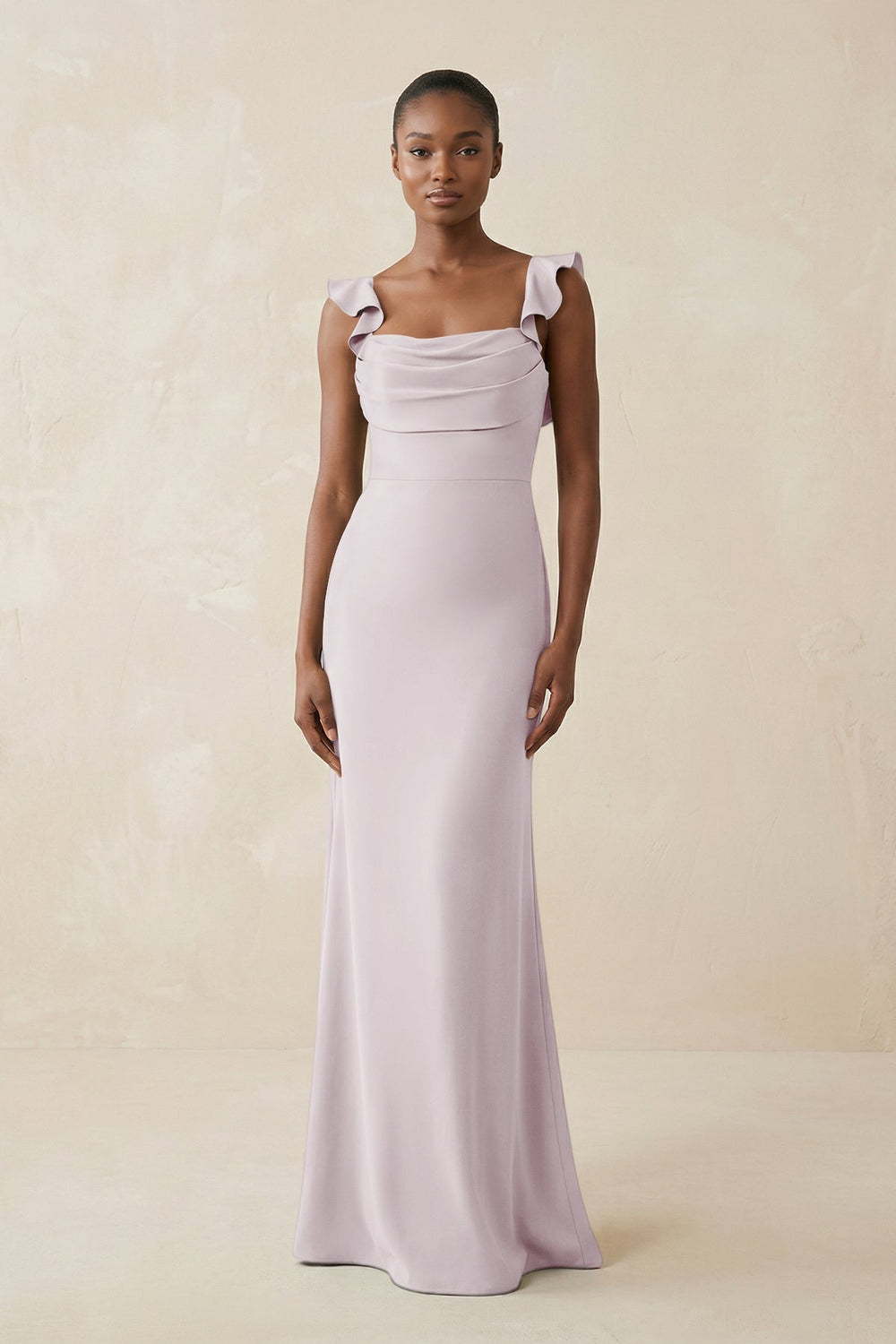 Ruffled Sleeve Sheath Satin Bridesmaid Dress in Dusk - KISS BRIDAL Bridesmaid Dresses
