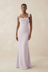 Ruffled Sleeve Sheath Satin Bridesmaid Dress in Dusk - KISS BRIDAL Bridesmaid Dresses
