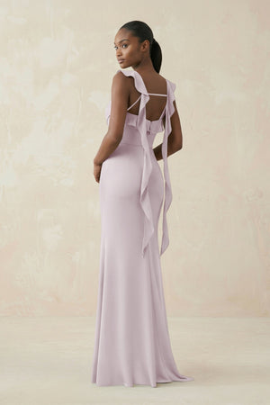 Ruffled Sleeve Sheath Satin Bridesmaid Dress in Dusk - KISS BRIDAL Bridesmaid Dresses