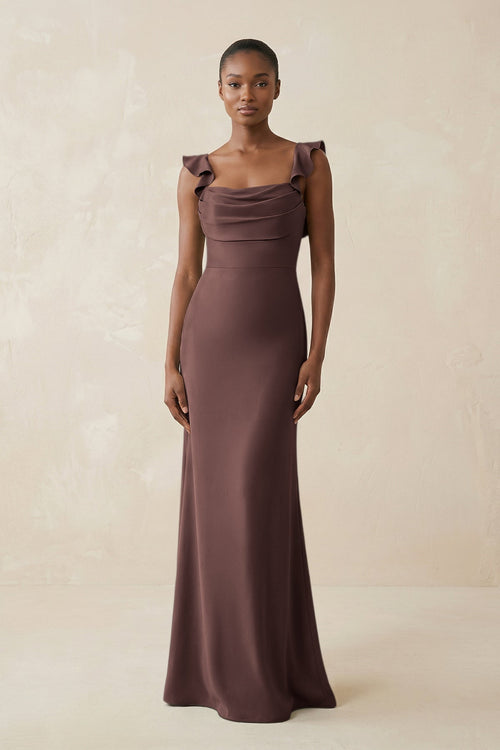 espresso bridesmaid dresses Fiona Maxi Dress - lightweight chiffon falls into a flowing A KISSBRIDAL | Ruffled Sleeve Sheath