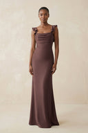 Ruffled Sleeve Sheath Satin Bridesmaid Dress in Espresso - KISS BRIDAL Bridesmaid Dresses