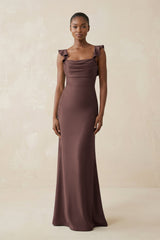Ruffled Sleeve Sheath Satin Bridesmaid Dress in Espresso - KISS BRIDAL Bridesmaid Dresses