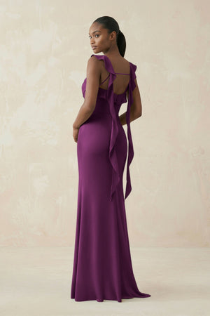 Ruffled Sleeve Sheath Satin Bridesmaid Dress in Fig - KISS BRIDAL Bridesmaid Dresses