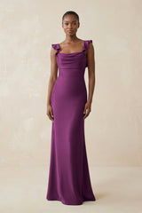 Ruffled Sleeve Sheath Satin Bridesmaid Dress in Fig - KISS BRIDAL Bridesmaid Dresses