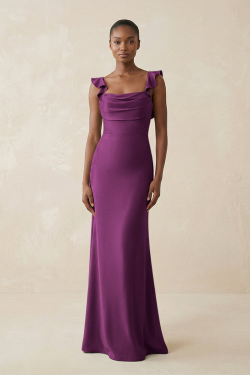 Ruffled Sleeve Sheath Satin Bridesmaid Dress in Fig - KISS BRIDAL Bridesmaid Dresses