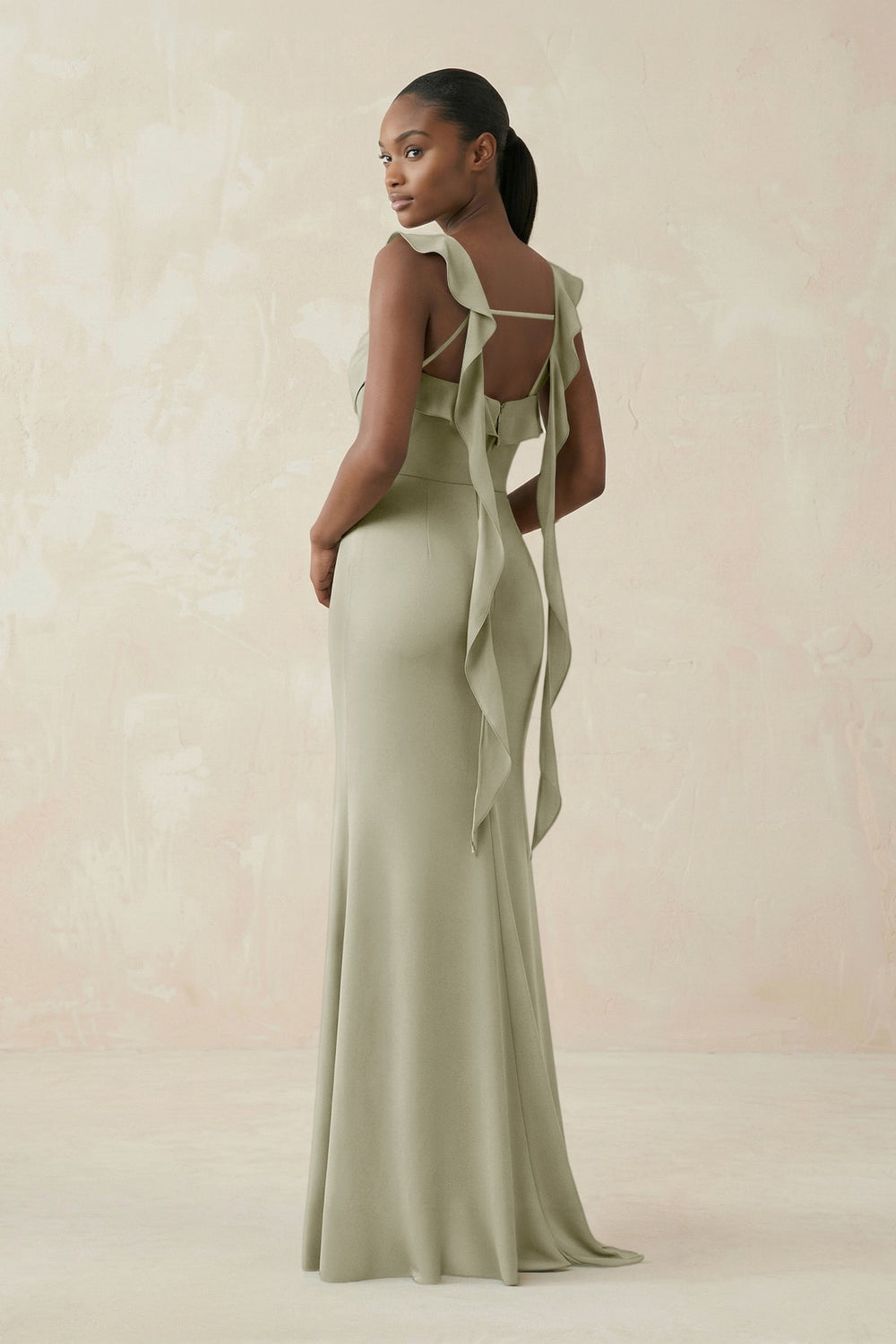 Ruffled Sleeve Sheath Satin Bridesmaid Dress in Frost - KISS BRIDAL Bridesmaid Dresses
