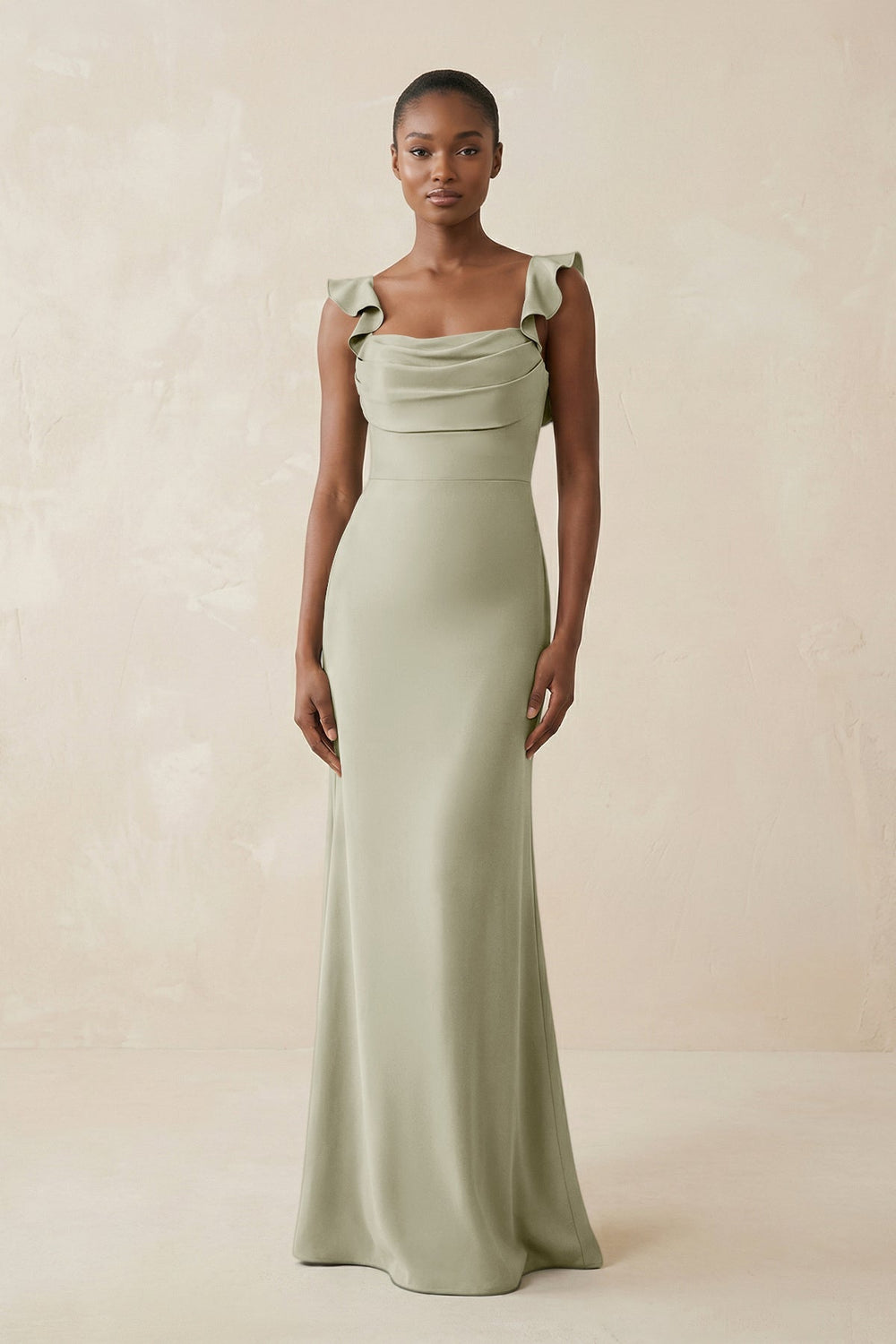 Ruffled Sleeve Sheath Satin Bridesmaid Dress in Frost - KISS BRIDAL Bridesmaid Dresses