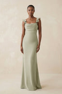 Ruffled Sleeve Sheath Satin Bridesmaid Dress in Frost - KISS BRIDAL Bridesmaid Dresses