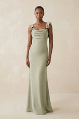 Ruffled Sleeve Sheath Satin Bridesmaid Dress in Frost - KISS BRIDAL Bridesmaid Dresses