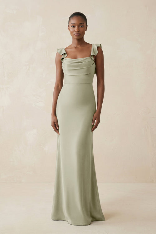 Ruffled Sleeve Sheath Satin Bridesmaid Dress in Frost - KISS BRIDAL Bridesmaid Dresses