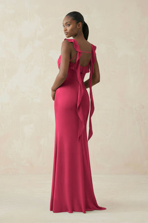 Ruffled Sleeve Sheath Satin Bridesmaid Dress in Fuchsia - KISS BRIDAL Bridesmaid Dresses
