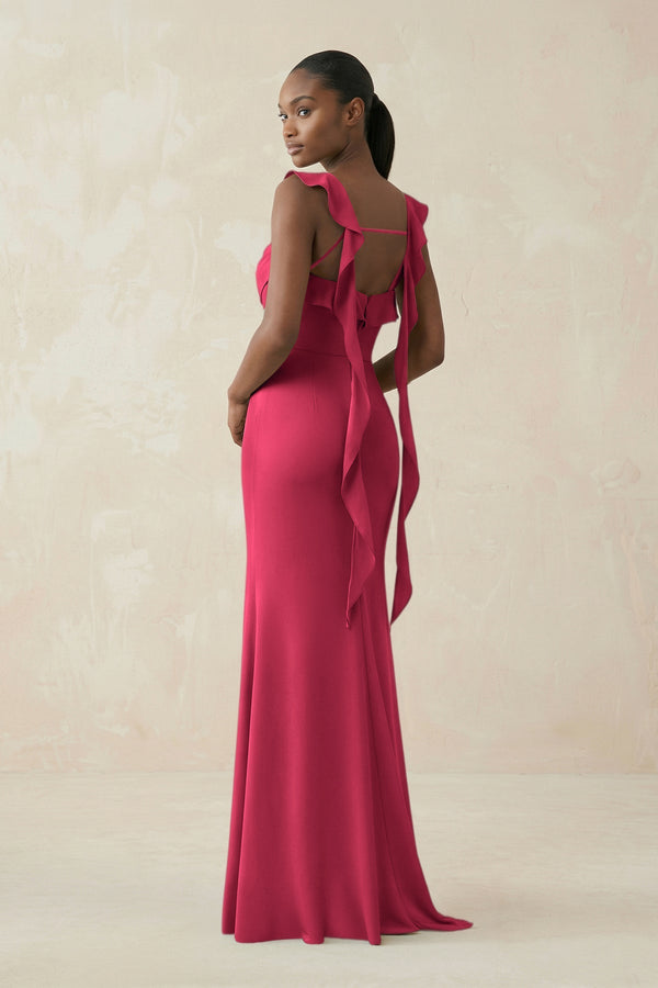 Ruffled Sleeve Sheath Satin Bridesmaid Dress in Fuchsia - KISS BRIDAL Bridesmaid Dresses