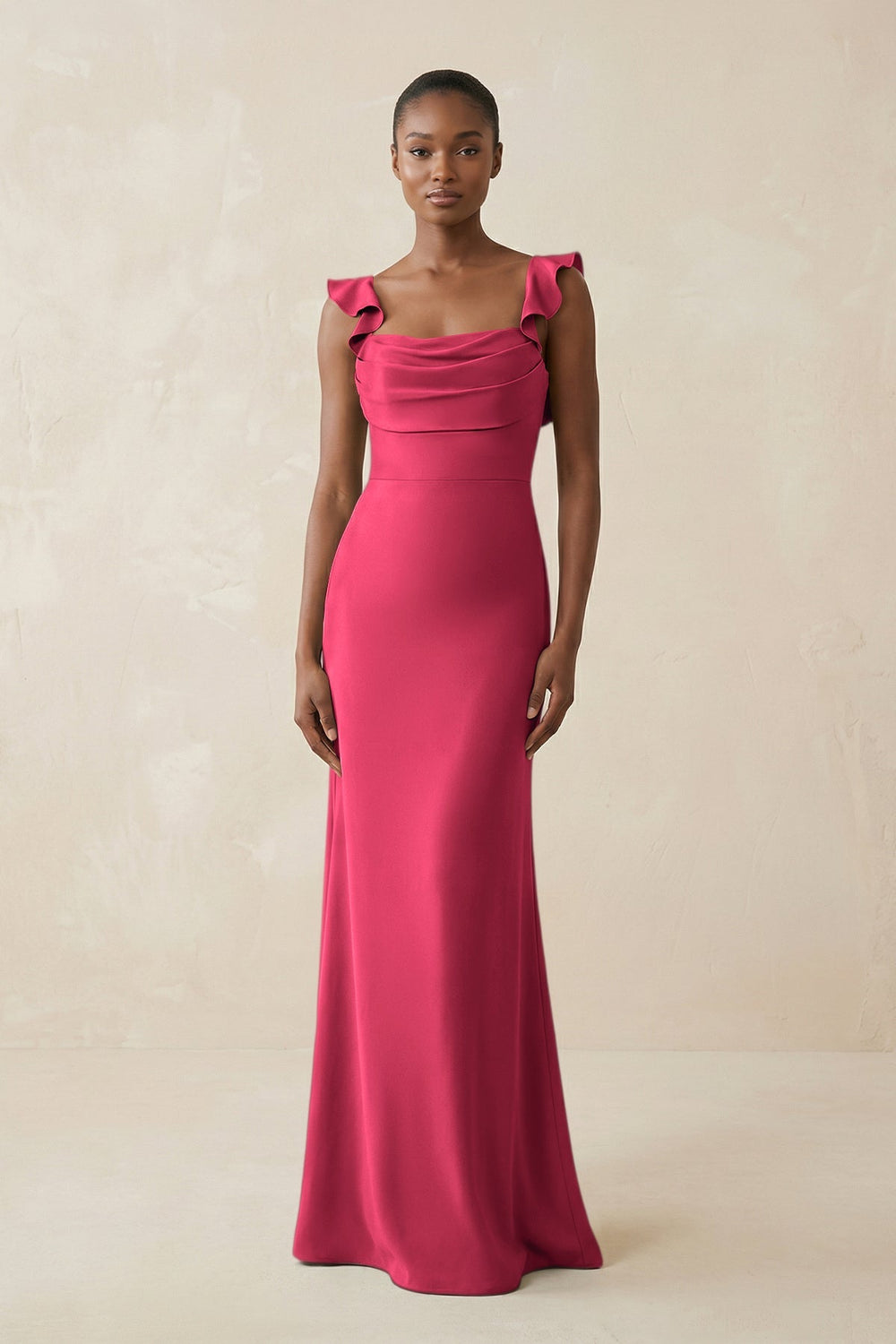 Ruffled Sleeve Sheath Satin Bridesmaid Dress in Fuchsia - KISS BRIDAL Bridesmaid Dresses