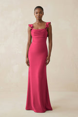 Ruffled Sleeve Sheath Satin Bridesmaid Dress in Fuchsia - KISS BRIDAL Bridesmaid Dresses