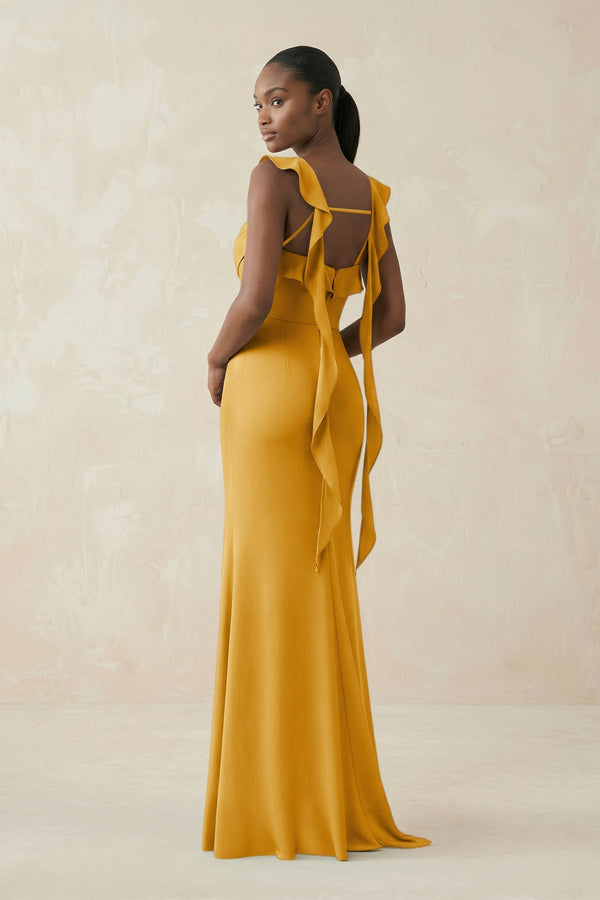 Ruffled Sleeve Sheath Satin Bridesmaid Dress in Gold - KISS BRIDAL Bridesmaid Dresses