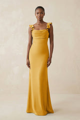Ruffled Sleeve Sheath Satin Bridesmaid Dress in Gold - KISS BRIDAL Bridesmaid Dresses