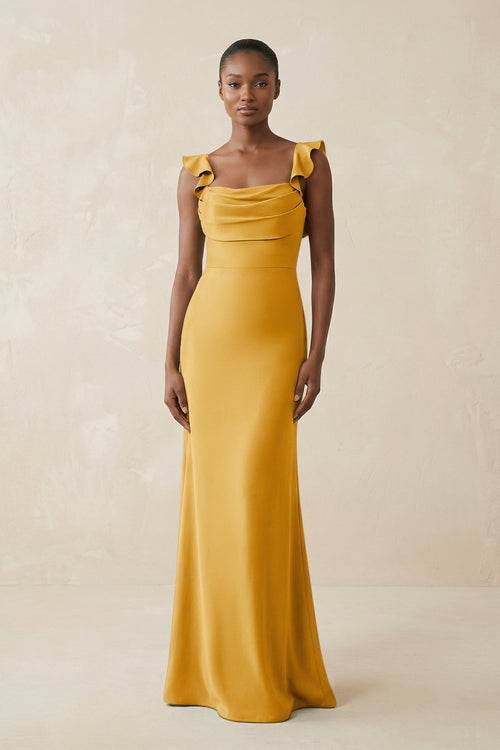 Ruffled Sleeve Sheath Satin Bridesmaid Dress in Gold - KISS BRIDAL Bridesmaid Dresses