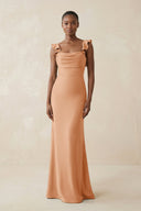 Ruffled Sleeve Sheath Satin Bridesmaid Dress in Golden Champagne - KISS BRIDAL Bridesmaid Dresses
