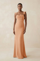 Ruffled Sleeve Sheath Satin Bridesmaid Dress in Golden Champagne - KISS BRIDAL Bridesmaid Dresses