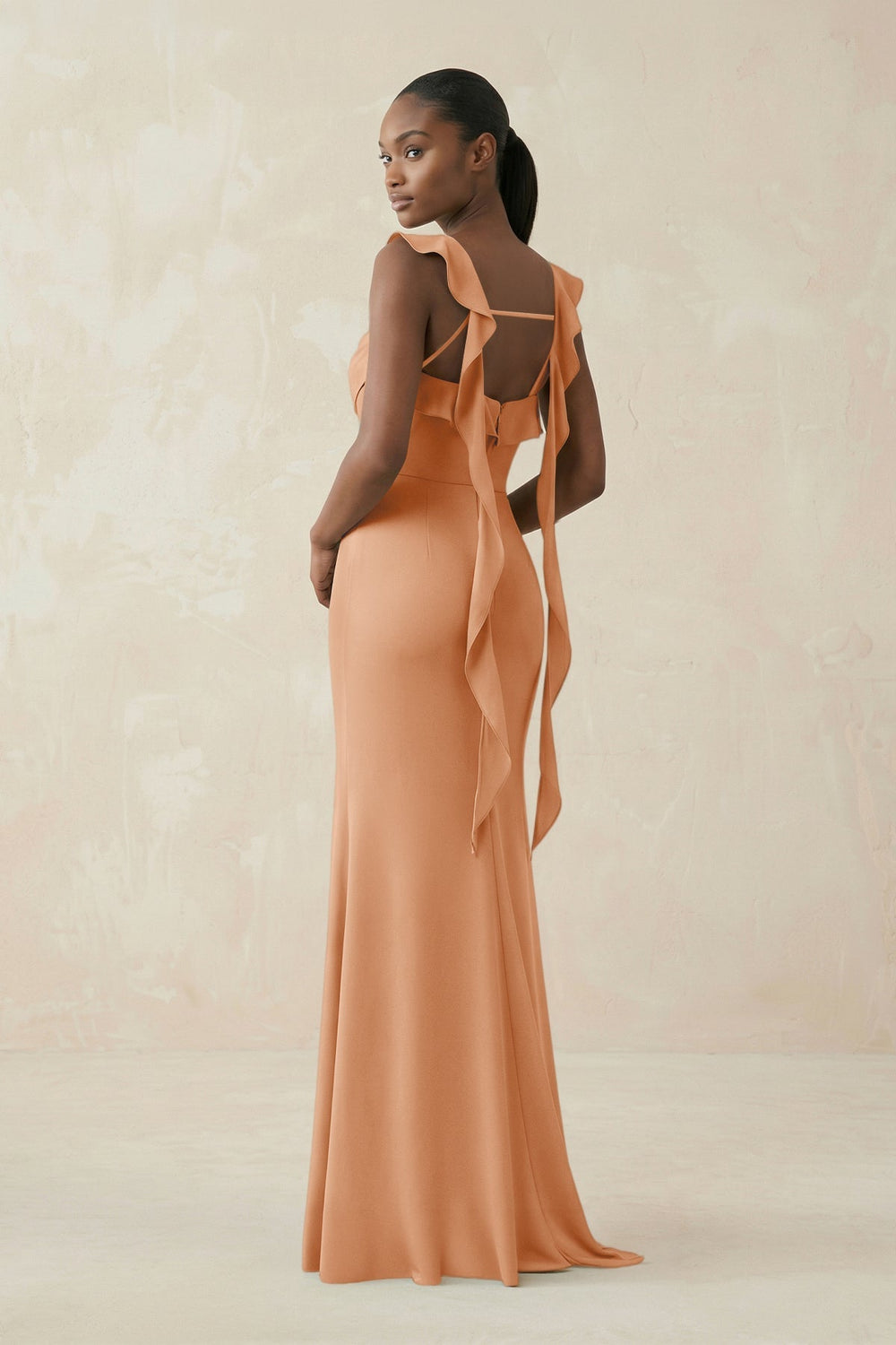 Ruffled Sleeve Sheath Satin Bridesmaid Dress in Golden Champagne - KISS BRIDAL Bridesmaid Dresses