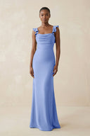 Ruffled Sleeve Sheath Satin Bridesmaid Dress in Ice - KISS BRIDAL Bridesmaid Dresses