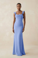 Ruffled Sleeve Sheath Satin Bridesmaid Dress in Ice - KISS BRIDAL Bridesmaid Dresses