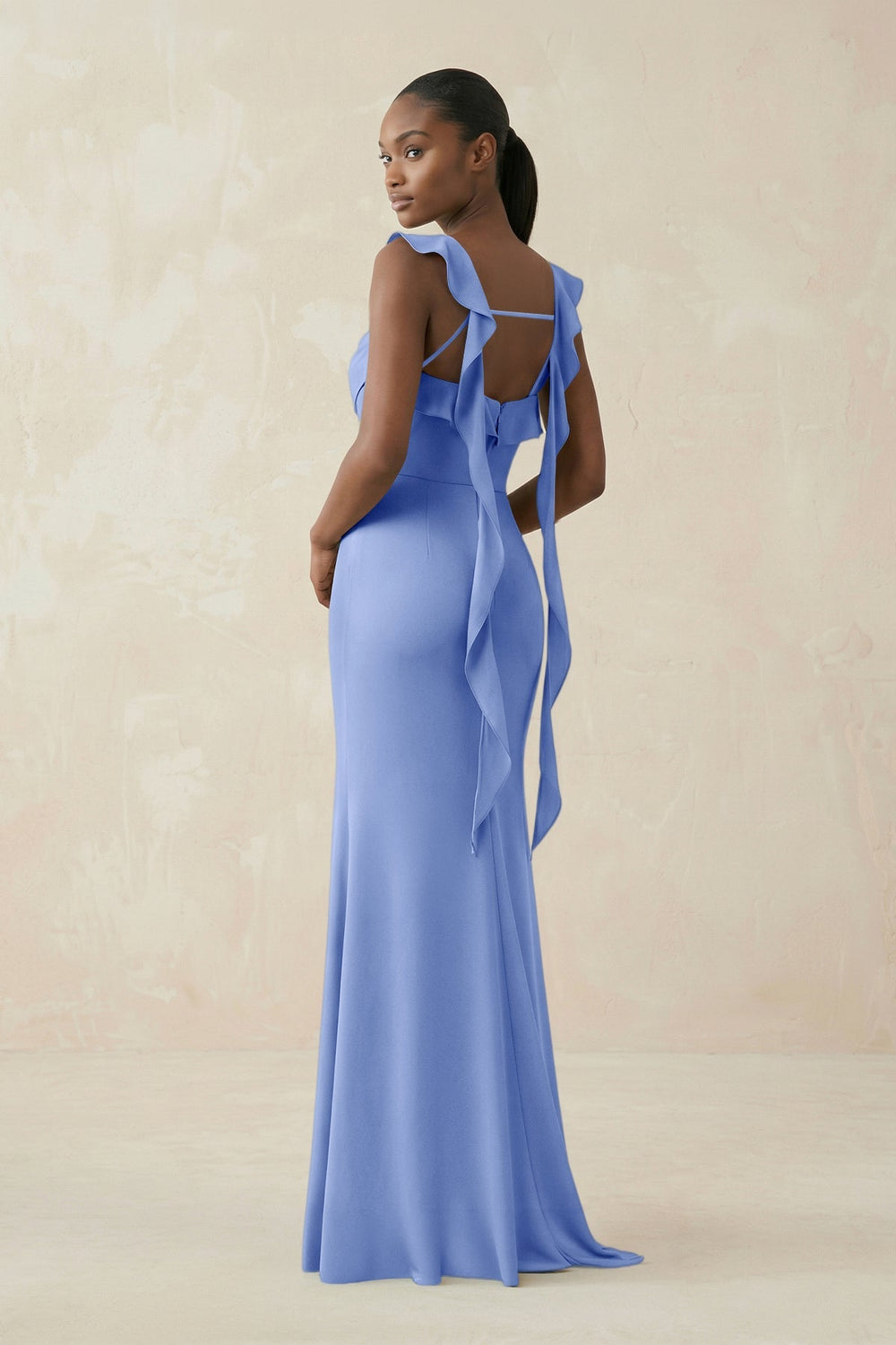 Ruffled Sleeve Sheath Satin Bridesmaid Dress in Ice - KISS BRIDAL Bridesmaid Dresses