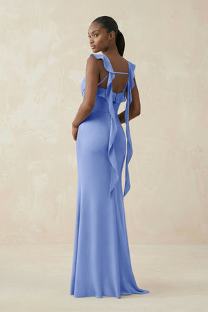 Ruffled Sleeve Sheath Satin Bridesmaid Dress in Ice - KISS BRIDAL Bridesmaid Dresses