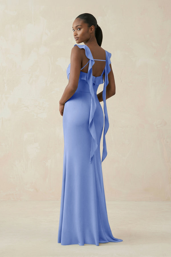Ruffled Sleeve Sheath Satin Bridesmaid Dress in Ice - KISS BRIDAL Bridesmaid Dresses