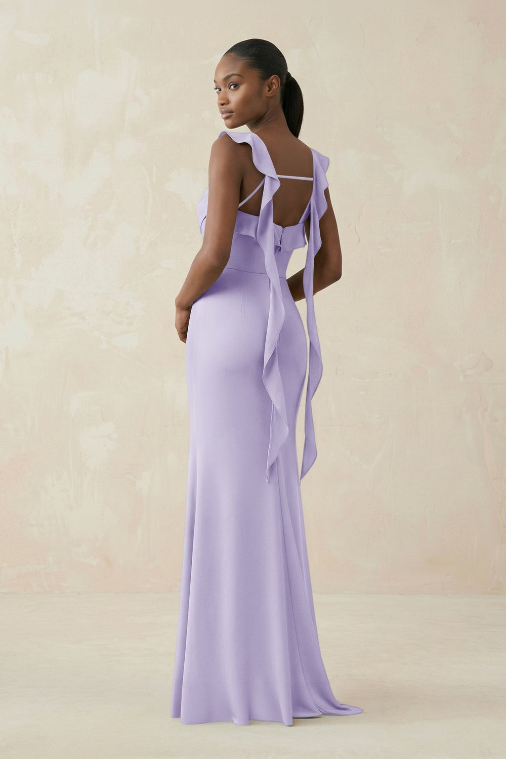 Ruffled Sleeve Sheath Satin Bridesmaid Dress in Lavender - KISS BRIDAL Bridesmaid Dresses