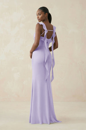 Ruffled Sleeve Sheath Satin Bridesmaid Dress in Lavender - KISS BRIDAL Bridesmaid Dresses