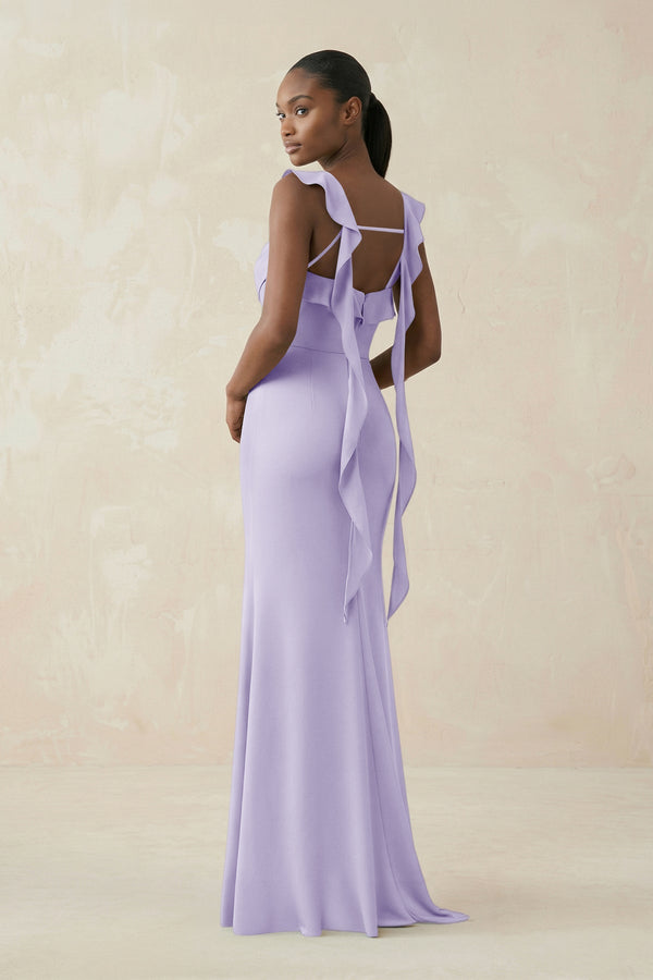 Ruffled Sleeve Sheath Satin Bridesmaid Dress in Lavender - KISS BRIDAL Bridesmaid Dresses
