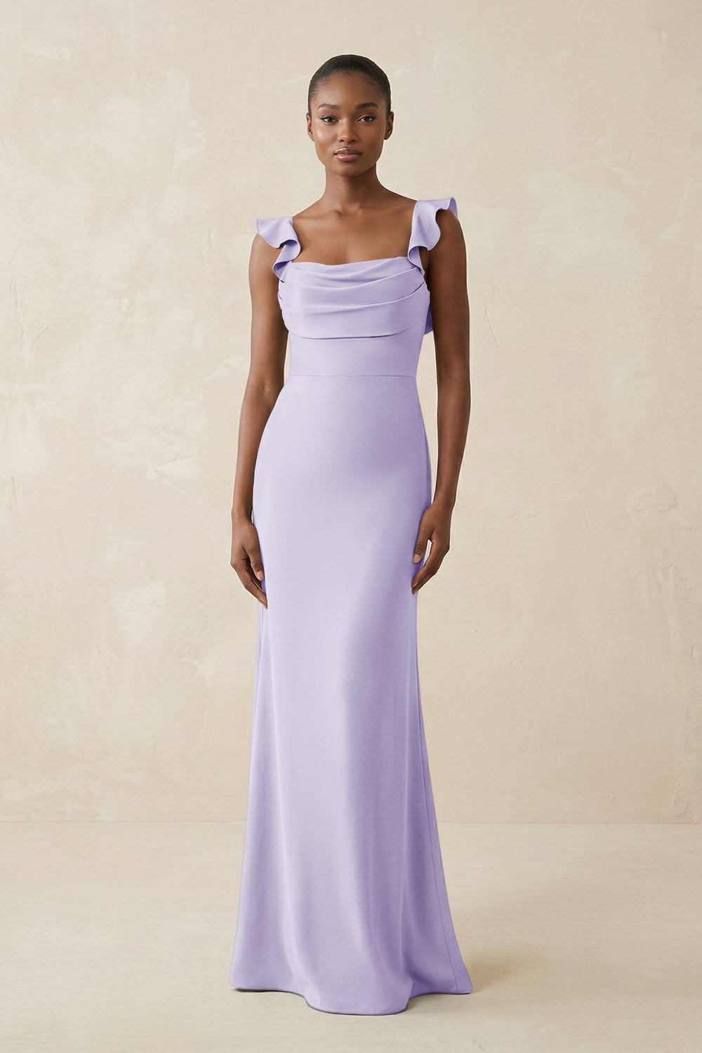 Ruffled Sleeve Sheath Satin Bridesmaid Dress in Lavender - KISS BRIDAL Bridesmaid Dresses