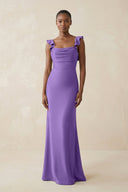 Ruffled Sleeve Sheath Satin Bridesmaid Dress in Lilac - KISS BRIDAL Bridesmaid Dresses