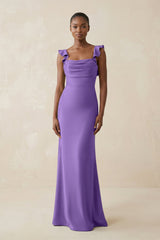 Ruffled Sleeve Sheath Satin Bridesmaid Dress in Lilac - KISS BRIDAL Bridesmaid Dresses