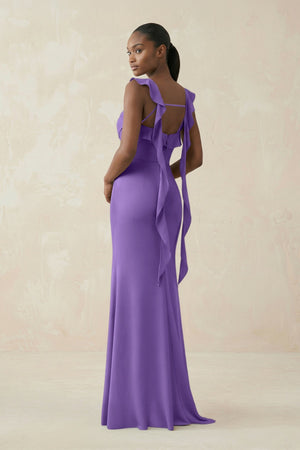 Ruffled Sleeve Sheath Satin Bridesmaid Dress in Lilac - KISS BRIDAL Bridesmaid Dresses