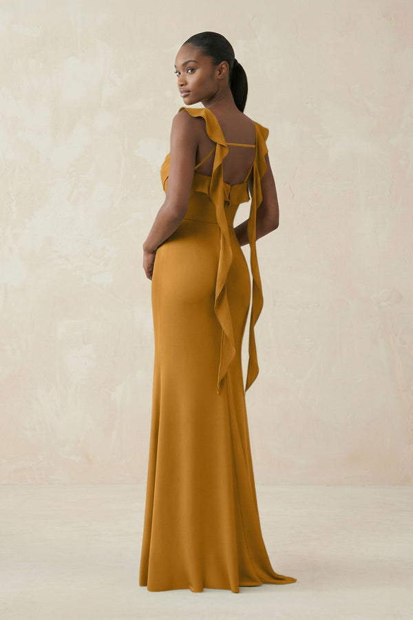 Ruffled Sleeve Sheath Satin Bridesmaid Dress in Marigold - KISS BRIDAL Bridesmaid Dresses