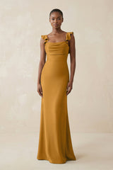 Ruffled Sleeve Sheath Satin Bridesmaid Dress in Marigold - KISS BRIDAL Bridesmaid Dresses