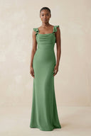 Ruffled Sleeve Sheath Satin Bridesmaid Dress in Matcha - KISS BRIDAL Bridesmaid Dresses