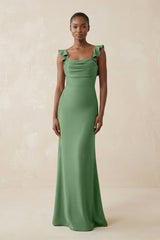 Ruffled Sleeve Sheath Satin Bridesmaid Dress in Matcha - KISS BRIDAL Bridesmaid Dresses