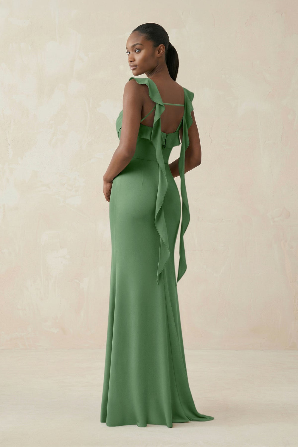 Ruffled Sleeve Sheath Satin Bridesmaid Dress in Matcha - KISS BRIDAL Bridesmaid Dresses