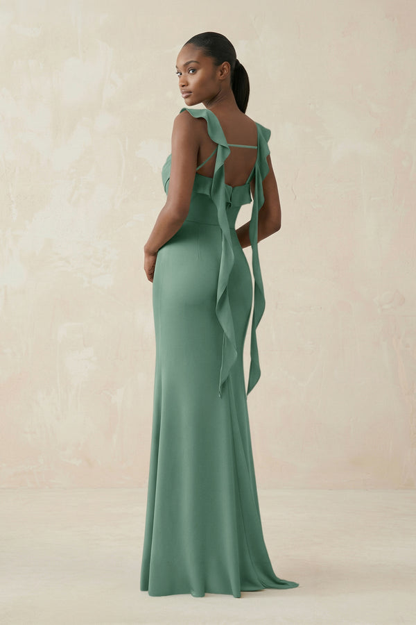 Ruffled Sleeve Sheath Satin Bridesmaid Dress in Mint Green - KISS BRIDAL Bridesmaid Dresses