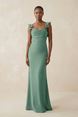 Ruffled Sleeve Sheath Satin Bridesmaid Dress in Mint Green - KISS BRIDAL Bridesmaid Dresses