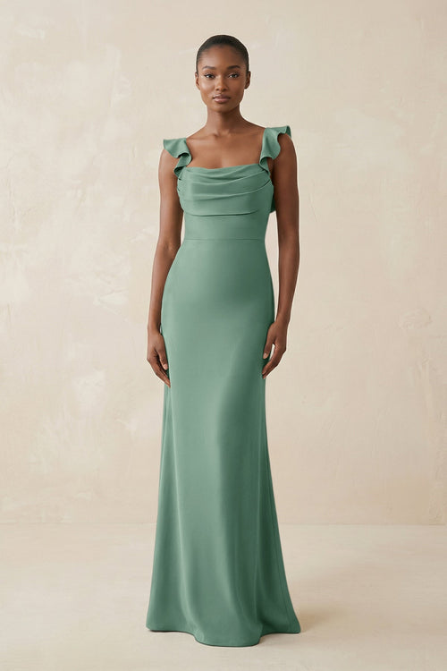 Ruffled Sleeve Sheath Satin Bridesmaid Dress in Mint Green - KISS BRIDAL Bridesmaid Dresses